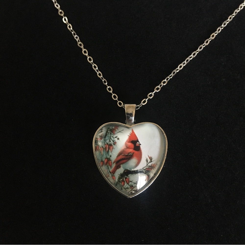 Cardinal NC State Bird Resin Heart Necklace